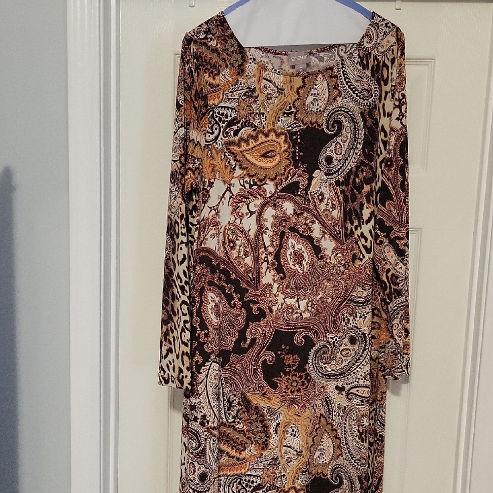 Chico's Tan and Brown Long Sleeve Sheath Dress